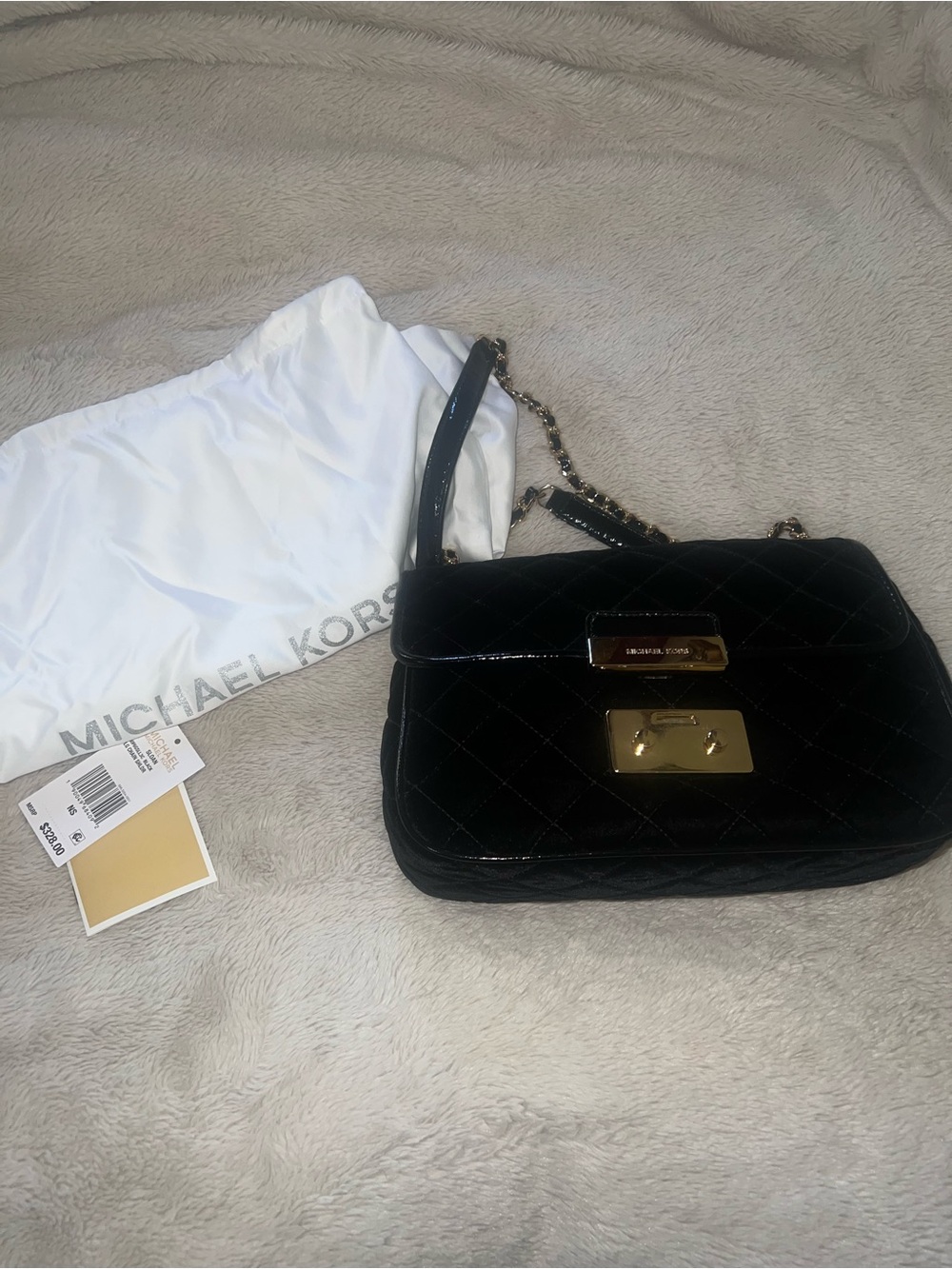 Michael Kors Sloan Black Quilted Velvet Shoulder Bag with Gold Hardware